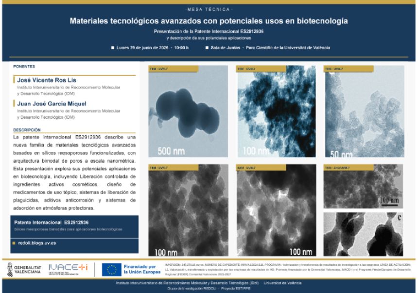 Imagen del evento:Cartel informativo de una mesa técnica titulada “Materiales tecnológicos avanzados con potenciales usos en biotecnología”, que se celebrará el 29 de junio de 2026 a las 10:00 h en la Sala de Juntas del Parc Científic de la Universitat de València. El cartel incluye los nombres de los investigadores José Vicente Ros Lis y Juan José García Miquel, del Instituto Interuniversitario de Reconocimiento Molecular y Desarrollo Tecnológico (IDM). Se presenta la patente internacional ES2912936, relacionada con una nueva familia de materiales avanzados basados en sílices mesoporosas funcionalizadas con arquitectura bimodal de poros a escala nanométrica. El diseño incorpora varias micrografías electrónicas de los materiales a distintas escalas de observación. En la parte inferior figuran los logotipos de las entidades financiadoras y colaboradoras, entre ellas la Generalitat Valenciana, IVACE+i y la Unión Europea a través del programa FEDER.